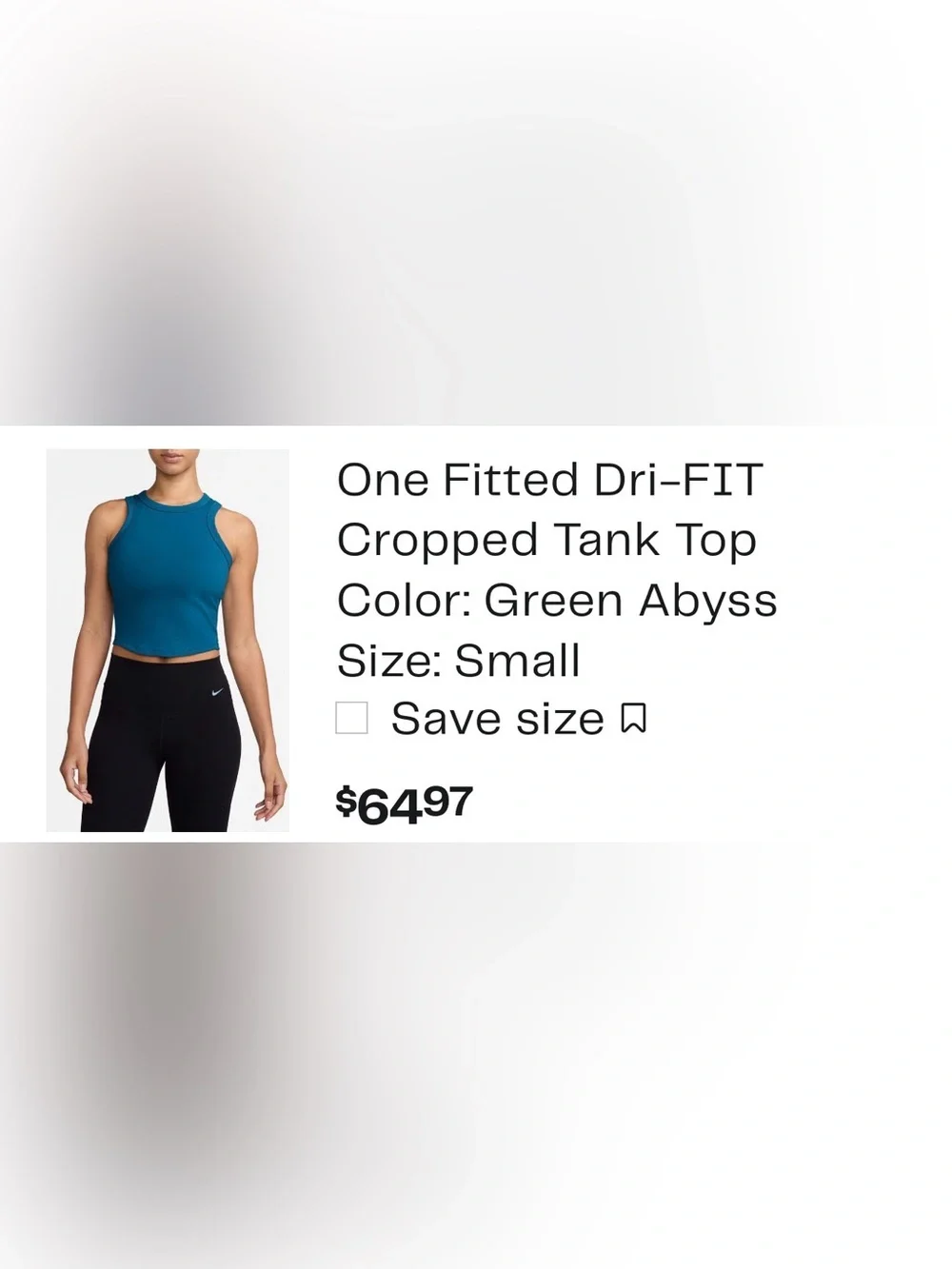 NWT Nike One Fitted Dri-FIT Cropped Tank Top Green Abyss Small